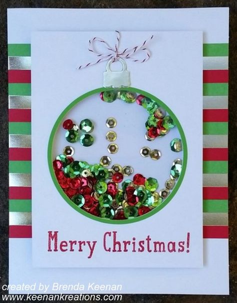 Shaker Christmas Cards Ideas, Christmas Shaker Cards Handmade, Christmas Card For Kids, Shaker Cards Tutorial, Thinlits Dies, Christmas Card Ornaments, Ornament Card, Homemade Christmas Cards, Christmas Card Crafts