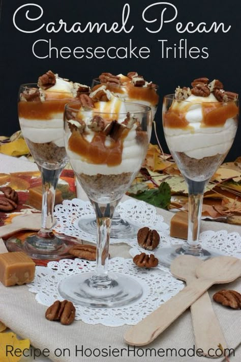 Caramel Pecan Cheesecake Trifles - Hoosier Homemade Desserts Trifle, Spoon Desserts, Today Recipes, Trifle Cake, Cheesecake Caramel, Caramel Pecan Cheesecake, Trifle Recipes, Cheesecake Trifle, Dessert Shooters