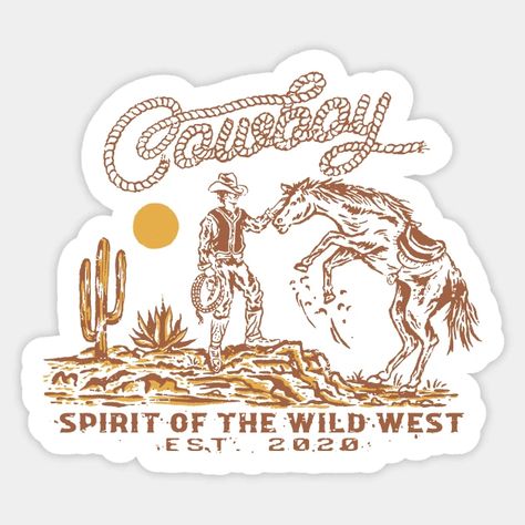 Way Out West - Cowboy - Sticker | TeePublic Vintage Sticker Design, Trans Cowboy, Cowboy Stickers, Western Stickers, Cowboy Design, Out West, Farm Design, Case Stickers, Vintage Travel