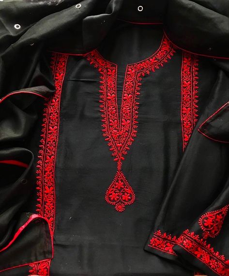 Black And Red Kurti Design, Black Suit Embroidery Designs, Red Kurti Design, Red Kurti, Wallpaper Boho, Designer Anarkali Dresses, Chikankari Kurta, Anarkali Dresses, Embroidery Dresses