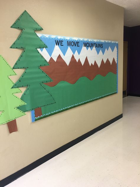 Hiking bulletin board Together We Can Move Mountains Bulletin Board, Camp Themed Bulletin Board, Campfire Bulletin Board, Mountain Theme Bulletin Board, National Parks Bulletin Board, Hiking Themed Classroom, Mountain Door Decorations Classroom, Let The Adventure Begin Bulletin Board, National Park Bulletin Board