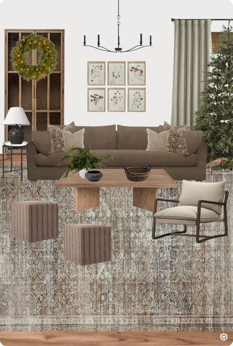 Cozy Brown Sofa Living Room, Grey Brown Couch Living Room Ideas, Fur Rug On Couch, Brown Couch Mood Board, Brown Coach Living Room, Dark Tan Couch Living Room, Japandi Brown Sofa, Mocha Couch Living Room Color Schemes, Brown And Blush Living Room