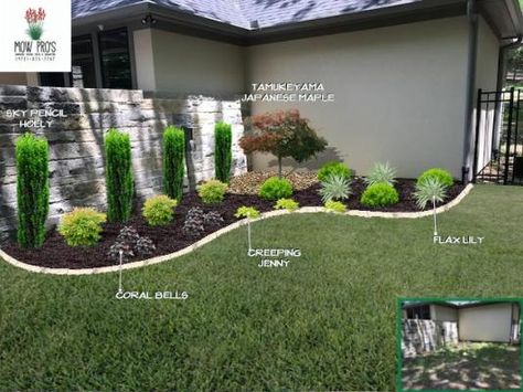 Pencil Holly, Flower Beds Ideas, Front Yard Flower Bed, Sky Pencil Holly, Curb Appeal Landscape, Front Yards Curb Appeal, Landscape Curbing, Flower Bed Ideas, Front Yard Garden Design