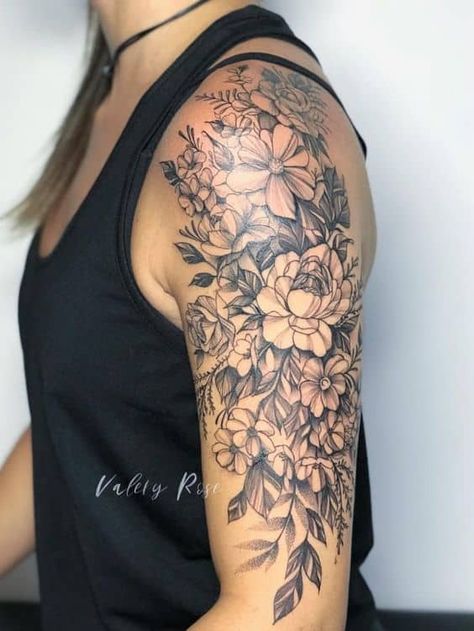 120 Pretty And Girly Half-Sleeve Tattoo Ideas For Females Shoulder Cap Half Sleeve Tattoo, Floral Filigree Design, Flower Quarter Sleeve Tattoos For Women, Cosmo Flower Tattoo Color, Floral Hummingbird Tattoo Half Sleeves, Floral Quarter Sleeve Tattoo For Women, Shoulder To Elbow Tattoo Women, Large Women Tattoos, Women’s Quarter Sleeve Tattoo