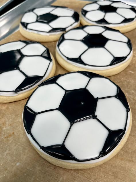 Soccer Jersey Cookies Decorated, Sugar Cookies Buttercream Frosting, Soccer Birthday Cookies Decorated, Soccer Sugar Cookies, How To Decorate Soccer Ball Cookies, Soccer Ball Royal Icing Cookie, Soccer Ball Cookies, Sugar Cookie Buttercream Frosting, Ball Cookies