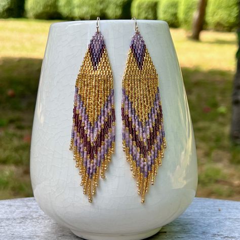 Purple And Gold Beaded Earrings, Purple Earrings With Beaded Fringe, Purple Beaded Fringe Dangle Tassel Earrings, Artisan Beaded Purple Earrings, Purple Faceted Beaded Earrings, Seed Bead Patterns, Tassel Fringe, Beaded Fringe, Fringe Earrings