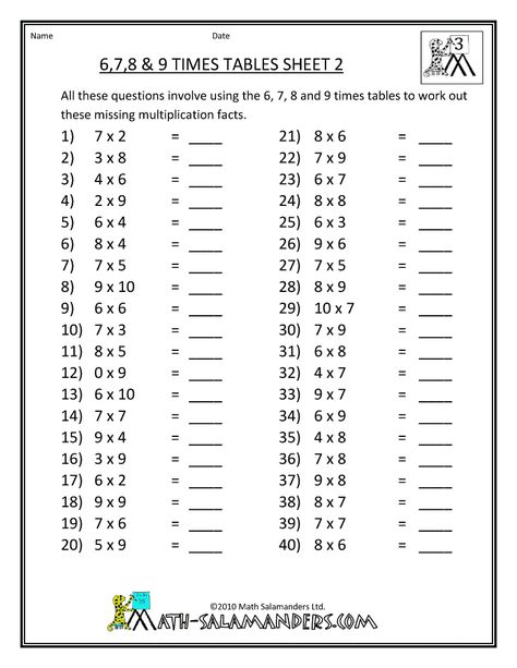 6 7 8 9 Multiplication Worksheets Maths Times Tables, Times Tables Worksheets, Table Worksheet, Multiplication And Division Worksheets, Math Multiplication Worksheets, Math Tables, 4th Grade Math Worksheets, 3rd Grade Math Worksheets, Math Sheets