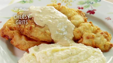 Cheesy Grits Recipe - Paula Deen Pork Casseroles, Cream Gravy Recipe, Cheesy Grits Recipe, Cheese Grits Recipe, Milk Gravy, Cream Gravy, Pork Cutlet, Country Fried Steak, Cheesy Grits