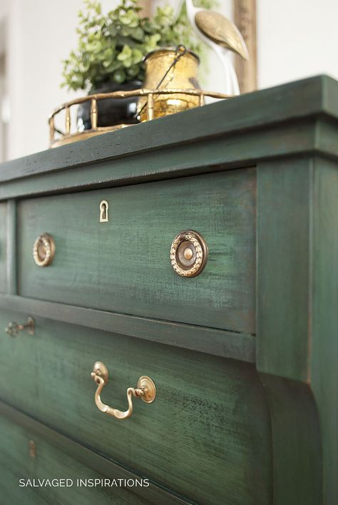 Distressed Green Furniture, Hunter Green Chalk Paint Furniture, Green Painted Nightstand Ideas, Dixie Belle Chalk Paint Furniture Green, Kasha Furniture Painting, Green And Gold Dresser, Green Chalk Paint Furniture, Layering Chalk Paint, Empire Dresser Makeover