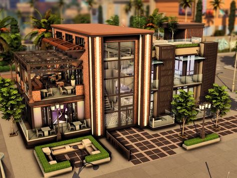 The Sims Resource - Nightclub with Rooftop (NO CC) Sims 4 Lots Restaurant No Cc, Ts4 Nightclub, Sims 4 Nightclub No Cc, Sims 4 Club Ideas, Sims 4 Nightclub Build, Sims Nightclub, Sims 4 Club Build, Sims 4 Restaurant No Cc, Sims 4 No Cc Build