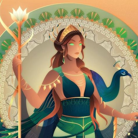 Yliade on Instagram: "Hera, Queen of Olympus, goddess of women, marriage, childbirth, children and family.  #artist #artwork #art #drawing #pantheon #hera #peacock #mythology #greekgods #tarot #esoterism #greece #goddess #fantasy #artdeco" Yliade Art, Hera Greek Goddess, Greece Goddess, Roman Deities, Hera Goddess, Goddess Of Marriage, Sacred Marriage, The Greek Gods, Zeus And Hera