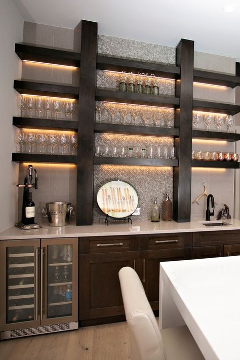 Back Bars Shelving, Wet Bar Area In Home, Bar In Wall Niche, Inside Bars Ideas, Walk Through Bar Areas, U Shaped Wet Bar Basement, Wall Bar In Dining Room, Custom Bar Small Space, Enclosed Bar Ideas For Home