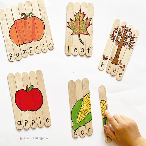 Learn.Craft.Grow. on Instagram: “DIY FALL PUZZLES 🍂🌽 ⁣⁣ With fall just a few weeks away, we’ve started making a few themed activities like this jumbo craft stick puzzle! ⁣⁣…” Fall Puzzles, Stick Puzzle, Drawing Plants, Autumn Puzzle, Pumpkin Unit, Crafts Drawing, Preschool Puzzles, Activities Games, Fun Arts And Crafts