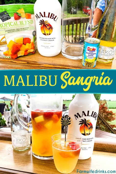 Pineapple Juice Coconut Rum Drinks, Malibu And Pineapple Drinks, Summer Malibu Drinks, Jungle Juice Recipe With Malibu, Fun Drinks With Malibu, Coconut Rum Sangria, Wine Fruit Drink, Malibu Sangria Recipes, Bacardi Pineapple Rum Drinks