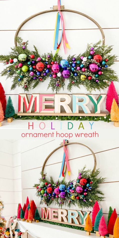 Diy Colorful Wreath, Colorful Christmas Wreaths Diy, Rainbow Christmas Wreath, Merry And Bright Christmas Wreath, Modern Christmas Door, Colorful Wreaths Christmas, Anthropologie Christmas Wreath, Bright Christmas Wreath, Funky Christmas Wreath