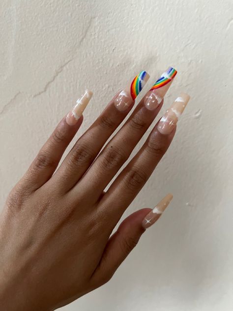 Rainbow And Cloud Nails, Clear Rainbow Nails, Nails Acrylic Pride, Pride Nails Acrylic Coffin, Rainbow Cloud Nails, Rainbow Nails Acrylic, Subtle Pride Nails, Rainbow Acrylic Nails, Pride Nails Designs