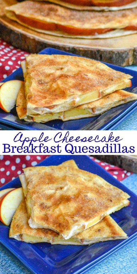 Do you love quesadillas? We do too, and we’ve finally found the perfect way to fix them for breakfast, even dessert, with these totally addictive Apple Cheesecake Breakfast Quesadillas. It’s like your favorite crisp breakfast met your best cheesecake dessert, with apples and smidge of cinnamon & sugar thrown in. #breakfast #brunch #apple #cheesecake #quesadillas Dessert With Apples, Cheesecake Breakfast, Breakfast Quesadillas, Breakfast Quesadilla, Apple Breakfast, Apple Cheesecake, Cheesecake Dessert, Scooby Snacks, Breakfast Party