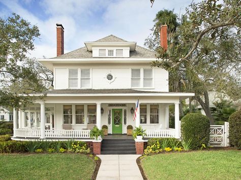 White Exterior Paint Colors, Porch Railing Designs, Four Square Homes, Square House, White Exterior Paint, Hgtv Magazine, Porch Flooring, Craftsman Bungalows, Green Door