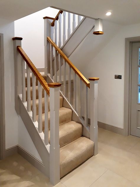 Half Open Staircase, Closed Staircase, Oak Handrail, White Staircase, Hallway Colours, Diy Staircase, Staircase Handrail, House Staircase, Building Stairs