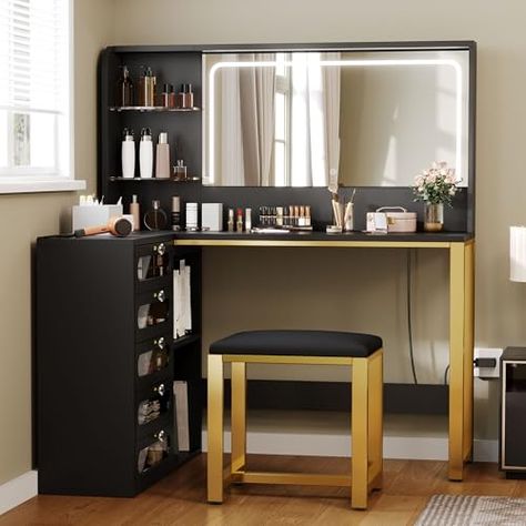 Apartment Vanity Ideas, Neutral Vanity Bedroom, Corner Vanity Desk, Corner Vanity Ideas Bedroom, Makeup Vanity Corner, Small Space Vanity Ideas, Desk Vanity Combo, Dressing Table With Mirror And Lights, Corner Vanity Table