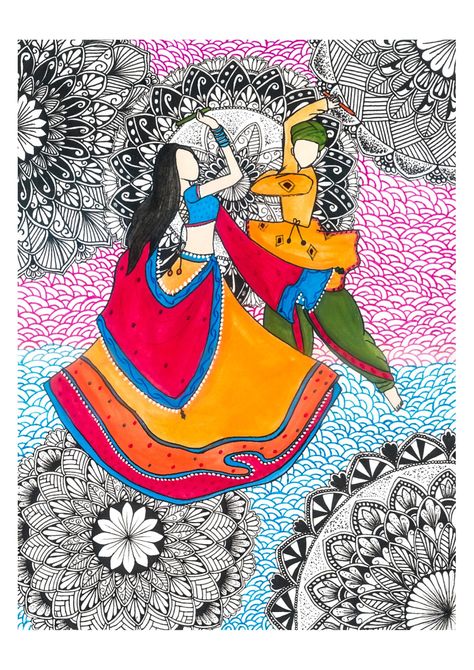 Mandala art painting with Navratri theme Navratri Garba Mandala Art, Navratri Special Mandala Art, Mandala Art For Navratri, Navratri Mandala Art, Navratri Drawing Sketch, Garba Painting, Navratri Garba Photo, Navratri Painting Ideas, Navratri Drawing Ideas