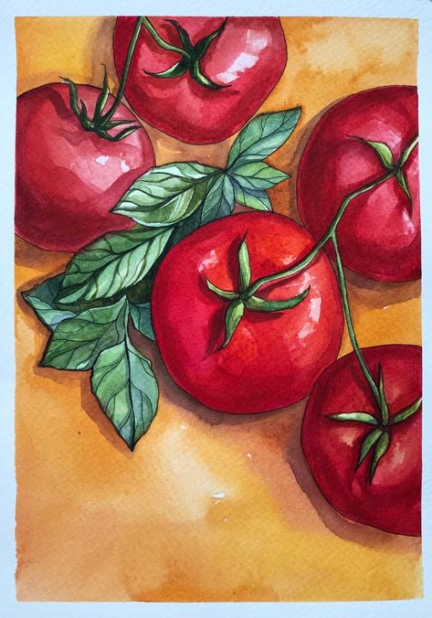 Tomato Watercolor, Tomato Drawing, Watercolor Italy, Vegetable Painting, Interior Artwork, Food Wall Art, Portfolio Ideas, Red Tomato, Floral Oil Paintings