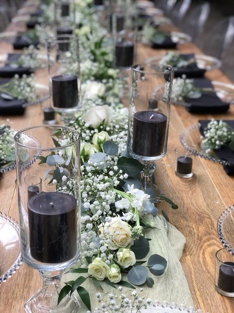 Emerald Green Black White And Gold Wedding, Wedding Centerpieces Gothic, Black And Green Flower Arrangements, Simple Black Centerpiece, Dark Green Centerpieces Wedding, Black And Green Centerpieces Wedding, Stone Centerpieces Wedding, Black And Sage Green Boho Wedding, Emerald Green And Black Centerpieces