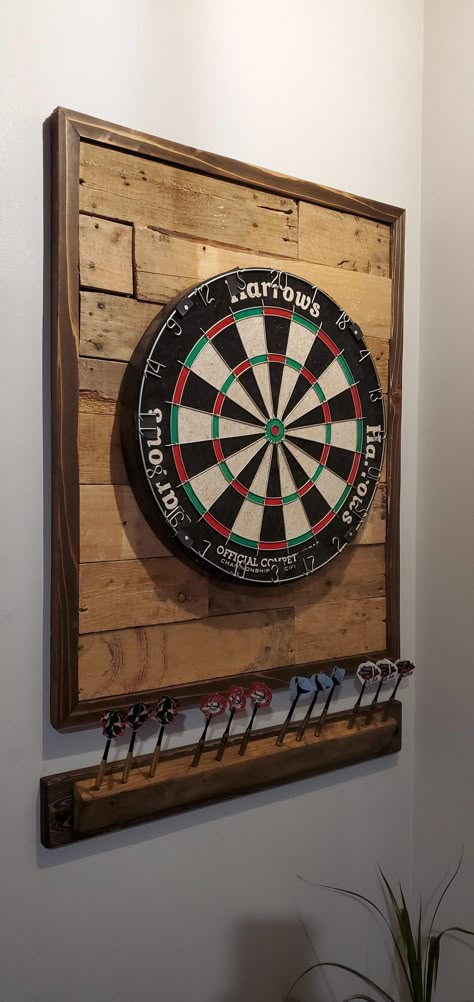 Board On Wall, Dart Board Backboard, Dart Board Wall, Pool Table Room, Game Room Basement, Game Room Bar, Basement Makeover, Backyard Playground, Old Pallets