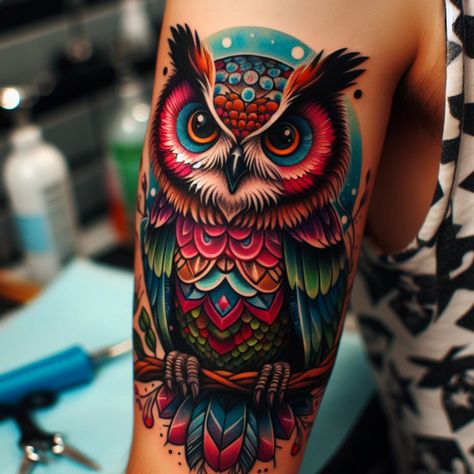 Unique owl tattoos that stand out. Explore creative ideas for your next tattoo session. #tattoo_art #tattoo_sketch #tattoo #tattoo_for_woman #tattoo_ideas #tattoo_for_man Colourful Tattoo Ideas For Men, Old School Owl Tattoo, Neo Traditional Owl Tattoo, Tattoo Art Ideas, Traditional Owl, Watercolor Owl Tattoos, Mens Owl Tattoo, Traditional Owl Tattoos, Colorful Owl Tattoo