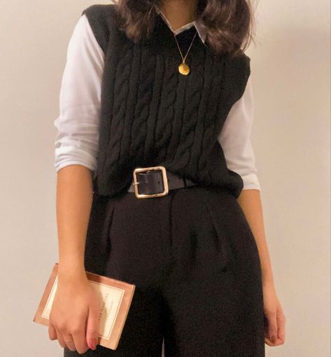 Dark Academia Sweater Vest, Academia Sweater Vest, Knitted Vest Outfit, Dark Academia Sweater, Academia Sweater, Academia Aesthetic Outfit, Academic Aesthetic, Sweater Vest Outfit, Vest Outfit