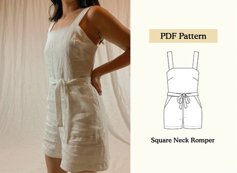 Keira Square Neck Romper // Digital PDF Sewing Pattern // US - Etsy Australia Romper Sewing Pattern, Diy Sy, Pants Sewing, Modern Sewing Patterns, Sewing Projects Clothes, Romper Pattern, Diy Vetement, Couture Mode, Jumpsuit Pattern