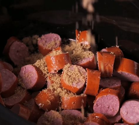 Easy Crockpot Brown Sugar Sausage Bites Conecuh Sausage Recipes Crockpot, Smoked Sausage Recipes Crockpot, Crockpot Smoked Sausage Recipes, Brown Sugar Sausage, Sausage Crockpot Recipes, Smokies Recipe, Sausage Bites, Home Made Sausage, Sausage Crockpot