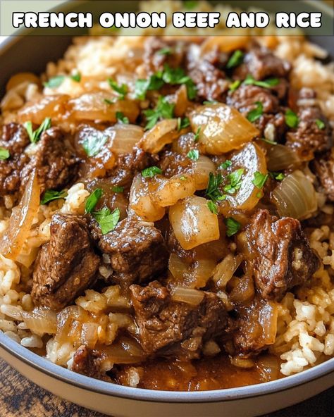 French Onion Beef and Rice Casserole – Foodyhealthylife French Onion Recipes Beef, Beef Rice Crockpot Recipes, French Onion And Ground Beef And Rice Casserole, Beef Peppers And Rice, French Onion And Ground Beef Casserole, Ground Beef Onion Recipes, French Onion Beef And Rice Casserole, Beef And Rice Dishes, One Pot Meal Ground Beef