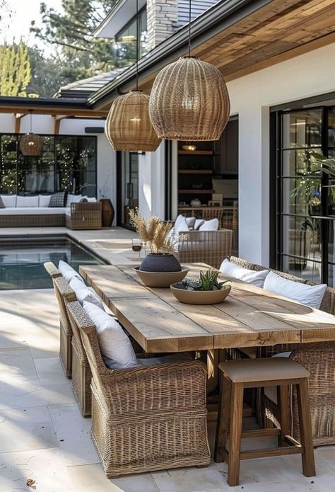 Outdoor Inspo Backyards, Dining Deck Ideas, Deck With Table And Seating Area, Pool Dining Area, California Rooms Outdoor, Large Outdoor Patio Ideas, Outdoor Deck Dining, Patio Dining Ideas Outdoor, Backyard Table Ideas