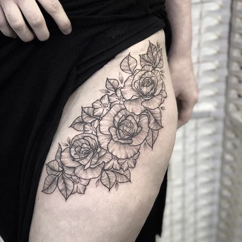 Rose thigh tattoo covering old scars Thigh Tattoos Women Cover Scars, Thigh Tattoos To Cover Scars, Thigh Tattoos Women Scar Coverup, Thigh Scar Cover Up Tattoo, Rose Thigh Tattoo, Covering Tattoos, Tattoo Covering, Side Thigh Tattoos, Rose Tattoo Thigh