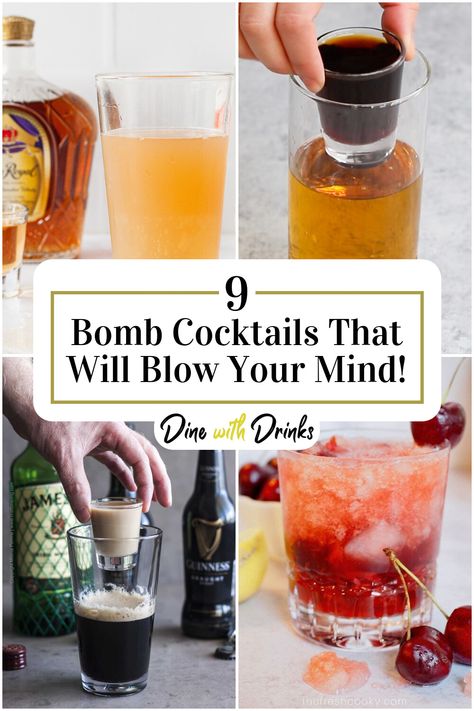 Collage of 4 bomb cocktails. Vegas Bomb Drink, Car Bomb Drink, Bomb Shots, Jager Bomb, Bomb Drinks, Car Bomb, Bombe Recipe, Thirsty Thursday, Root Beer Float