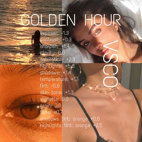 Sunrise Photo Edit Iphone, Vsco Golden Hour Filter, Photo Collage Ideas For Instagram, How To Take Eye Pictures, Golden Hour Vsco Filter, Fake Golden Hour, Golden Hour Filter, Golden Hour Preset, Instagram Photos Ideas