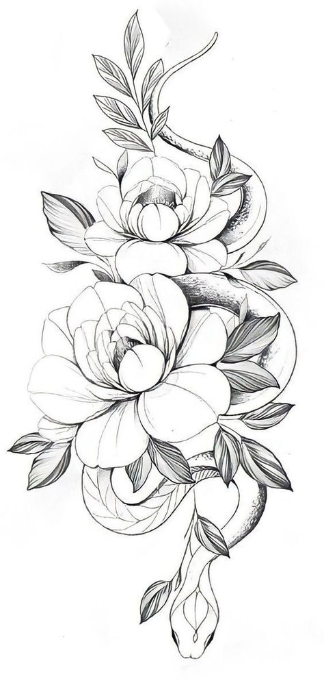 Snake And Flower Tattoo Design Simple, Snake In The Grass Tattoo, Desenho Cobra Tattoo, Medusa Flower Tattoo, Snake And Flowers Tattoo Design, Snake Tattoo With Flowers, Snake Peony Tattoo, Snake Tattoo Feminine, Dragon And Flower Tattoo