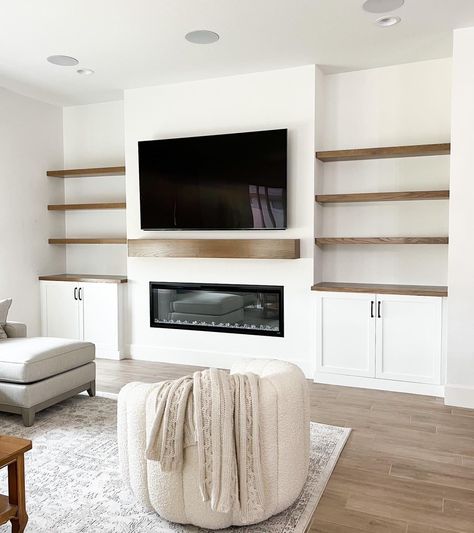 Built Ins With Gas Fireplace, Display Tv Wall, Half Wall Built In Shelves Fireplace, Trimmed Out Fireplace, Built Ins Without Fireplace, Shiplap Fireplace With Tv Built Ins, Floating Shelves With Cabinets Living Room, Tv Wall And Bookshelf Ideas, Custom Tv Wall Unit With Fireplace