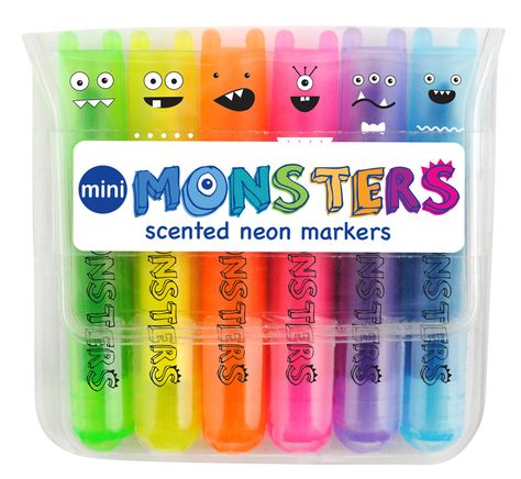 International Arrivals - Mini Monsters Scented Markers, $3.95 (http://www.intlarrivals.com/mini-monsters-scented-markers/) Neon Writing, Scented Markers, Monster Faces, Neon Markers, Monster Shapes, Slime Galaxy, Kids School Supplies, Mini Marker, Mini Monster