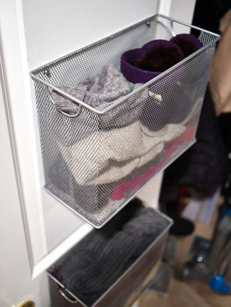 Need extra closet space. Screw these filing trays on the back of your closet doors. They are great for storing socks and underwear. Winter Gear Storage, Diy Shoe Rack, Closet Hacks Organizing, Clothes Closet Organization, Coat Closet, Hat Storage, Closet Door, Master Closet, Clothes Closet