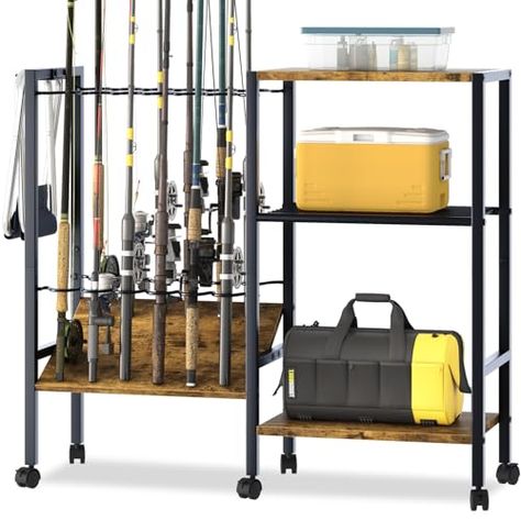 Azheruol Fishing Rod Rack Fishing Equipment Organizers With Wheels, Metal Fishing Gear Shelf Up To 12 Rods, Fishing Rod Holders Fishing Pole Storage Cart For Garage Home Entryway Corner Entryway Corner, Fishing Gear Organization, Fishing Pole Storage, Fishing Gear Storage, Fishing Rod Holders, Garage Storage Inspiration, Fishing Rod Storage, Fishing Rod Rack, Cubby Shelf