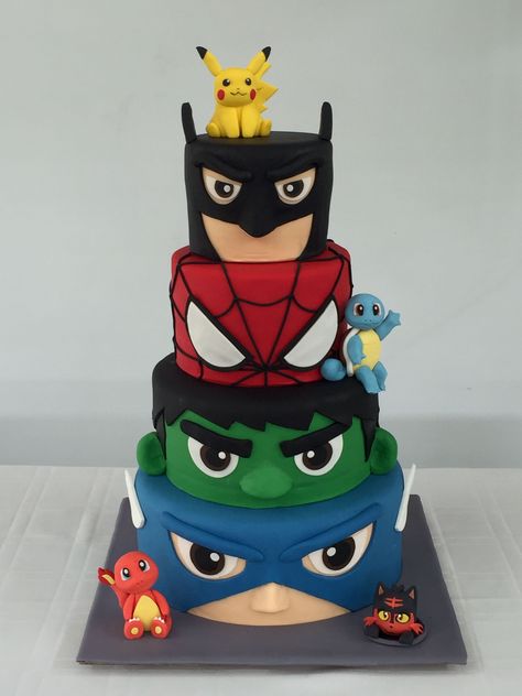 Sperheroes and pokemon cake! You can have it al!! @marvel @DC @pokemon Avengers Themed Cakes, Marvel Birthday Cake, Hulk Birthday Cakes, Hulk Cake, Spiderman Birthday Cake, Marvel Birthday Party, Hulk Birthday, Marvel Cake, Superhero Birthday Cake