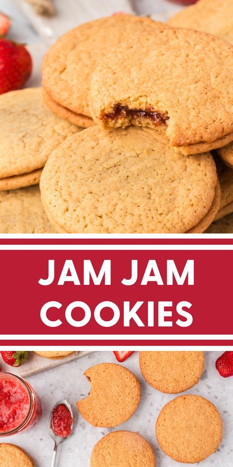 Discover our jam jam cookies recipe, blending soft cookie dough with sweet, tangy preserves. Jam Filled Oatmeal Cookies, Jam Jam Cookies Recipes, Jam Jams Cookies Recipes, Vintage Jam Recipes, What To Do With Jam, Christmas Cookies With Jam Filling, Jam Baking Recipes, Baking With Jam, Strawberry Jam Cookies Recipes