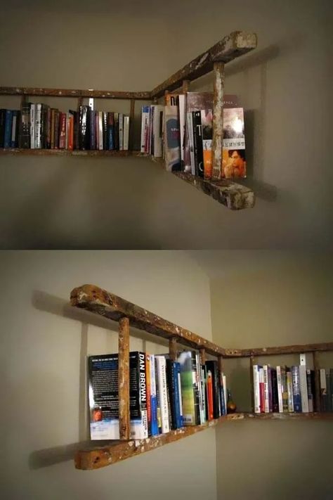 35 Creative Repurposed Old Ladder Ideas To Add Some Rustic Flair | Decor Home Ideas Wooden Ladders Ideas Decor, Old Ladder Ideas, Ladder Wall Shelf, Korean Bedroom, Old Wooden Ladders, Hanging Bookshelves, Old Ladder, Vintage Ladder, Ladder Bookshelf