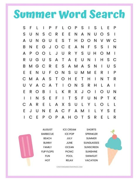 "This Summer word search printable worksheet is packed with Summer themed vocabulary words to find such as sunglasses, ice cream, beach, and vacation. It would make a fun activity for the kids in the classroom before Summer break starts. Or, it would be great to have the kids complete at home just for fun. With 23 summer inspired words to find, this is a rather challenging word search puzzle -- perfect for older kids or even adults." Summer Word Search, Word Puzzles For Kids, Summer Vocabulary, Kids Word Search, Summer Worksheets, 23 Summer, Summer Words, Class Activity, Word Search Printables