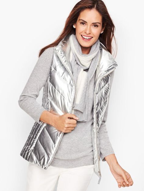 Down Puffer Vest - Metallic Back To School University, Vest Outfit Women, Silver Vest, Puffer Vest Outfit, Fall Fashion Colors, University Dorm, College School Supplies, Fall Fashion Trends Women, Vest Outfit