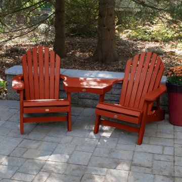 Highwood USA 2 Hamilton Folding and Reclining Adirondack Chairs with Tete-a-Tete Connecting Table Chair With Table, Modern Bench Outdoor, Round Outdoor Table, Wood Adirondack Chairs, Fireplace Garden, Folding Adirondack Chairs, Plastic Adirondack Chairs, Table Color, Outdoor Rocking Chairs