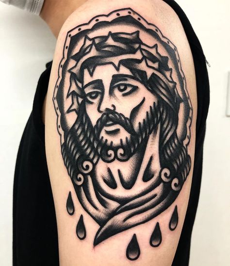 Traditional Jesus Tattoo Design, American Traditional Jesus Tattoo, Jesus Traditional Tattoo, American Traditional Angel, Christian American Traditional Tattoos, Traditional Jesus Tattoo, Head Tattoo Ideas, Tattoo Ideas Tumblr, Vintage Tattoo Sleeve