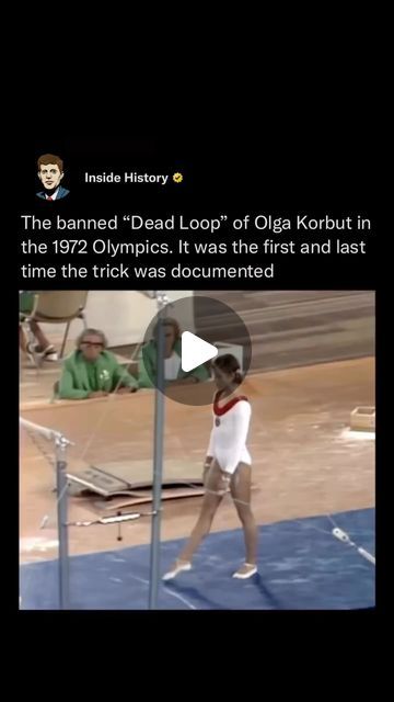 Inside History on Instagram: "This deadly backflip, Dead Loop, is one of the most life-threatening tricks and its also known as the Korbut Flip because it was first performed by Belarusian gymnast Olga Korbut in 1972 at the Munich Olympics. However, the trick was only documented once and was banned in 1972 due to its dangerous nature 😲🤸‍♀️ She gained a 9.8/10 by standing on a high bar and performing a backflip before gripping the bar again. Korbut has forever etched her name in gymnastics history for the finesse she flaunted while performing the Dead Loop. Like our content? Follow us 👉🏼 @insidehistory (Via: @olympics)" Olga Korbut Gymnastics, Olga Korbut, Famous Gymnasts, Gymnastics History, 1972 Olympics, Dead Man, Gymnast, The Bar, The Dead